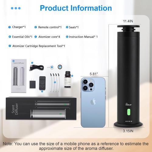 Hotel Collection Diffuser Machine,Remote,Rechargeable,Included 5 Scent Oils,Whisper-Quiet,Aluminum,1500 Sq Ft,Waterless Diffuser - Onyx Black