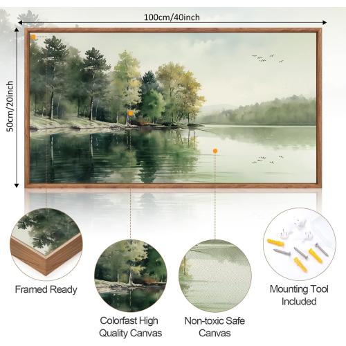 KAIRNE Framed Nature Canvas Wall Art Set,Misty Forest Wall Decor,Green Mountain Forest Pictures,Lake Water Painting set of 1(20”x40”),Landscape Scene Print for Living Room, Bedroom,Gallery Decor