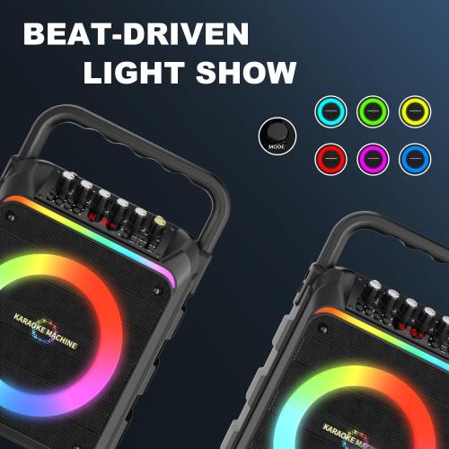 Karaoke Machine with 2 Wireless Microphones, Portable Bluetooth Speaker with Bass/Treble Adjustment, PA System with Remote Control, LED Light, Support REC/FM/AUX/USB/TF for Home Party