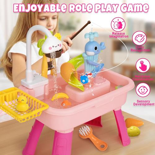 Color Pink Toddler Water Table with Automatic Water Cycle System, Water Table for Kids 4-8 Fishing Kitchen, Play Sink with Running Role-Play Sand for Kids Gift Toy (Pink)