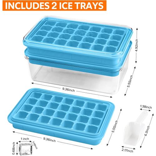Longzon Ice Cube Tray with Lid and Bin, 56 Pcs Ice Cube Trays for Freezer, Ice Cube Mold, Ice Molds Spill-Resistant Removable Lid & Ice Scoop, Ice Mold for Whiskey Cocktail, Tea, Coffee -Blue