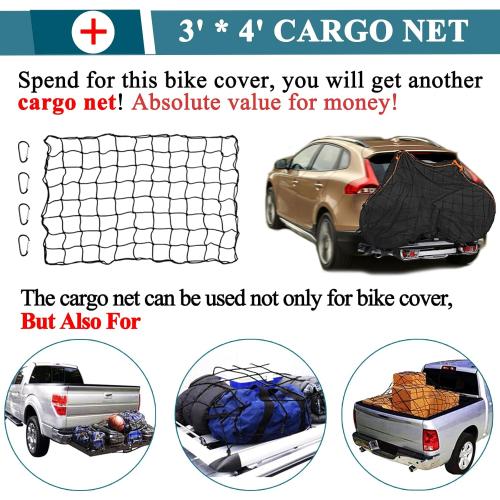 Bike Cover for Transport on Rack for 2 Bikes - Heavy Duty Oxford 600D Bicycle Cover - on Rear Bike Rack with Adjustable Cargo Net for Resistance to Tearing Waterproof Bike Rack Cover