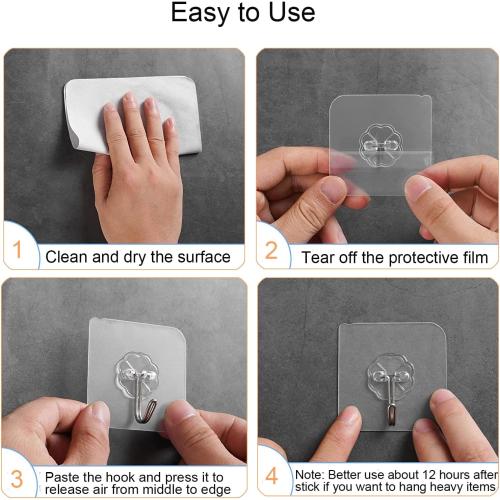 Adove Adhesive Hooks for Hanging, Heavy Duty Wall Hooks 20 Pack, Removable Sticky Ceiling Hooks, Transparent Self Adhesive Shower Hooks, Water & Oil Proof Strong 22lb(Max) Door Coat Hooks