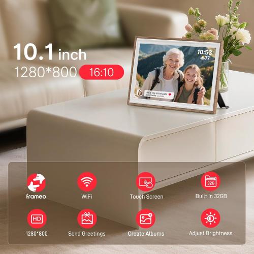 Frameo 10.1 Digital Picture Frame, Smart WiFi Digital Photo Frame with 1280x800 HD IPS Touch Screen 32GB Storage Auto-Rotate Wall Mounted, Share Photos/Videos Remotely(Brown&White)