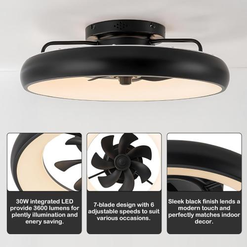 Low Profile Ceiling Fans with Lights, Dimmable Smart RGB Ceiling Fan With Alexa/Google Assistant/App/Remote Control, 6-Speeds Reversible Black LED Ceiling Fan for Bedroom Kitchen Foyer
