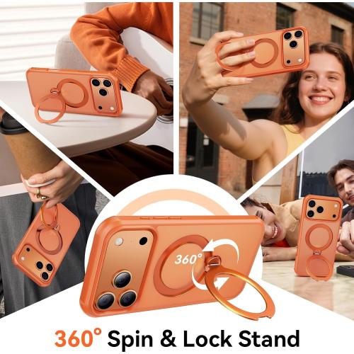 360 Spin Magnetic Stand (Pro-Version) for iPhone 17 Pro Case (Compatible with MagSafe) [Military Drop Protection] Matte Translucent Shockproof Protective Phone Case 6.3'', Cosmic Orange