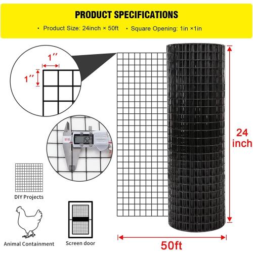 24'' x 50' 1inch Hardware Cloth 16 Gauge Black Vinyl Coated Welded Fence Mesh for Home and Garden Fence and Home Improvement Project (24'' x 50')