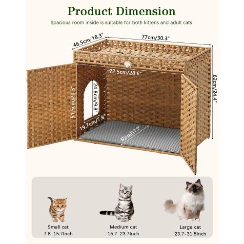 SETVSON Cat Litter Box Enclosure Furniture, Handwoven Rattan Hidden Litter Box with Mat, Large Space Cat House with 2 S-Shaped Hooks 30.3 x 18.3 x 24.4 Inches, Indoor for Living Room Apartment Natural