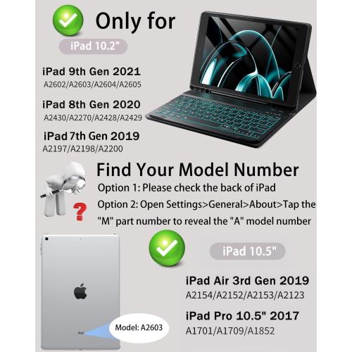 TUNKARMOR for iPad 9th / 8th / 7th Generation 10.2 inch & iPad Air 3rd Gen & iPad Pro 10.5 inch Case with Keyboard 7 Color Backlit - Built in Pencil Holder with Mouse (Black)
