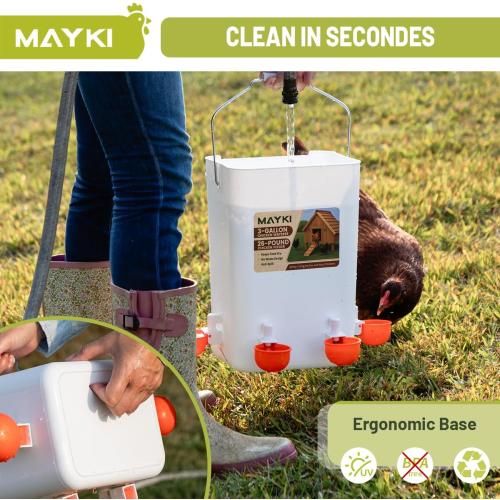 MAYKI Chicken Feeder and Waterer Set, 3 Gallon/26 LB No Waste Poultry Feeding System with Hanging Option, Automatic Coop Accessories for 10 Hens, Upgraded Feeder Port Water Cup, BPA-Free Winter Design‼️light dirt‼️