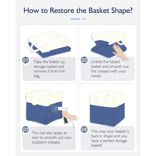 11 Inch Cube Storage Bins, 6 Pack Fabric Storage Cubes with Rope Handles, Organizer Baskets for Closet Shelves, Clothes and Home Organization(White/Blue)