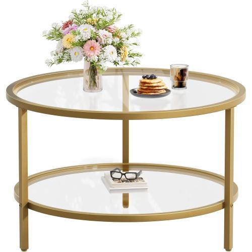 SAYGOER Round Glass Coffee Table 2 Tier Coffee Tables with Storage Shelf for Large or Small Space Modern Simple Center Table with Gold Frame for Living Room Home Office, Easy Assembly…
