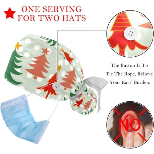 VIOQXI Scrub Cap for Women Medical Long Hair, 2 Packs Adjustable Ribbon Tie Ponytail Hats, Bouffant Surgical Cap Merry Christmas Santa Claus Snowman