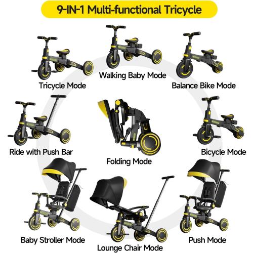 WinHope 9-in-1 Push Tricycle for Toddlers 1-3 Years, Convertible Kids Trike with Push Handle & Safety Belt, One-Client Foldable Design   Storage Basket, Birthday Gift and Toy for Boys and Girls(Black)
