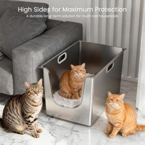 Stainless Steel Cat Litter Box with Wheels, 11.8 High Side Metal Pan