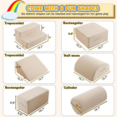 jela Kids Foam Climbing Blocks 6Pcs Soft Play Equipment Luxury Miss Fabric Toddler Climbing Toys Indoor, Lightweight Climbing Blocks for Babies, Kids, Climb and Crawl Foam Playset (Sand Beige)