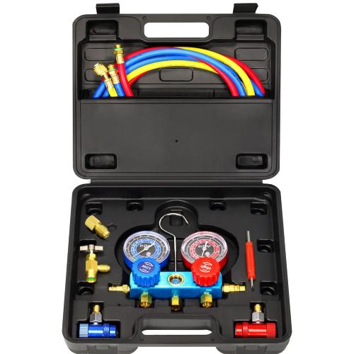 R1234yf AC Gauges, 3 Way 1234yf AC Manifold Gauge Set Car Air Conditioner Recharge Kit with 5FT Hoses R1234yf Quick Couplers Valve Core Remover