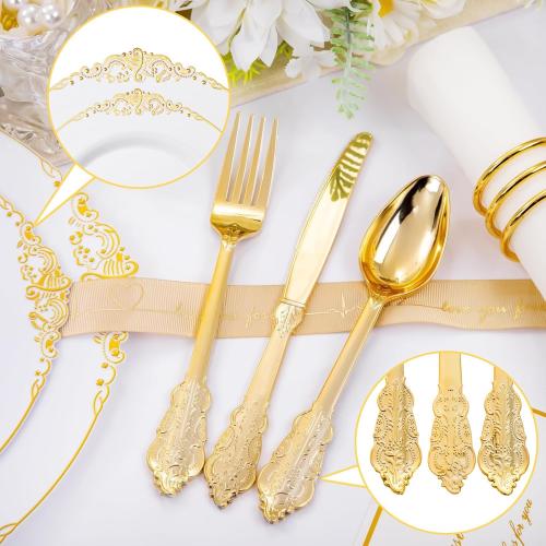 Hioasis 350pcs White and Gold Plastic Plates - Elegant Disposable Dinnerware Set Include 10.25 Dinner & 7.5 Dessert Plates, Knives, Forks, Spoons, Napkins, Cups for Party & Thanksgiving