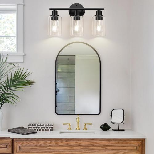 3-Light Bathroom Light Fixtures, 17.23 Black Modern Vanity Lights with Clear Glass Shade, Bathroom Wall Lamp for Mirror Kitchen Living Room Hallway Cabinet Porch