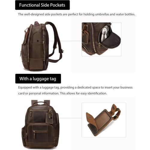 LANNSYNE Vintage Genuine Leather Backpack for men, 15.6 Laptop Backpack Travel Camping 24L Rucksack