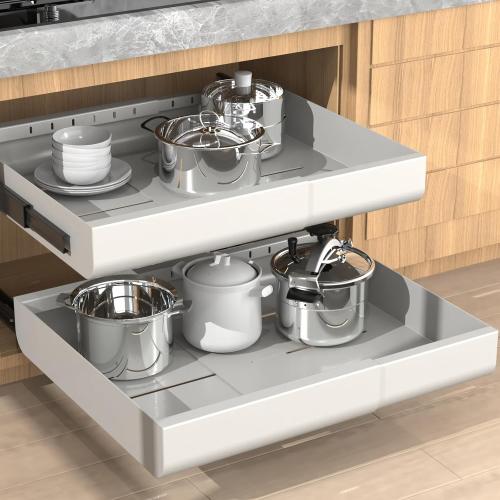21 Deep Expandable Pull Out Cabinet Organizers, Adhesive with Nano Film, for Framed Cabinets. Upgrade Slide Rails, Peel and Stick Slide Out Drawers with Divider Racks for Kitchen