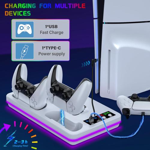for PS5/PS5 Slim/PS5 Pro Stand and Cooling Station with Controller Charging Station for PlayStation 5 Slim&Standard Disc/Digital Console, 10 Light for PS5 Cooler Accessories Incl 3 Levels Cooling Fan