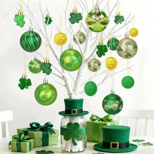 36Pcs Hanging Ball Ornaments St Patricks Day Decorations, Shamrock Tree Ornaments Irish Festival Good Luck Clover Green Gold Ball for Party Home Spring Shelf Shamrock Decorations