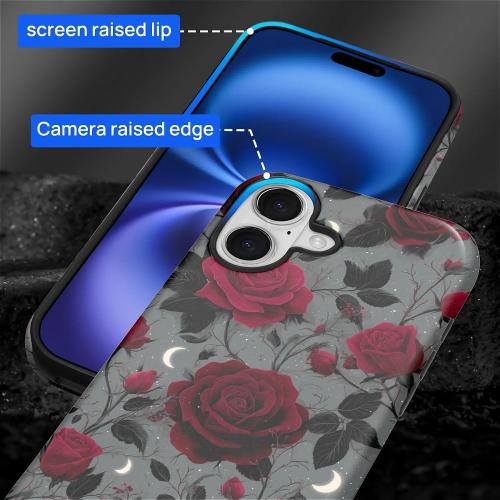 Case for iPhone 17,Hybrid Heavy Duty 2 in 1 Full Body Rugged Shockproof Protection Glossy Case for iPhone 17 Night Red Rose