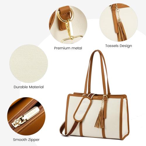 LOVEVOOK Laptop Bag for Women - 15.6 inch Lightweight Canvas Laptop Tote, Large Capacity Computer Bag with Clutch Purse for Business, Work, Travel, School, Casual Beige