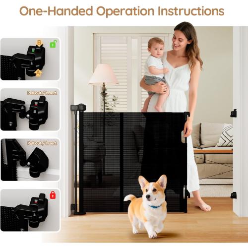 Miumoon One-Hand Operation Retractable Baby Gates, 150 inch Retractable Gate with Reinforced Strip Design to Prevent Crawling Through, 12 FT Extra Wide Retractable Dog Gate for Indoor/Outdoor