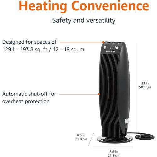 Amazon Basics Oscillating Tower Heater, With Digital Display, Remote Control, Timer, Over-Heat and Tip-Over Protection, Room Temperature Sensor, 2 Heat Settings, 1500W, Black, 8.6D x 8.6W x 23H