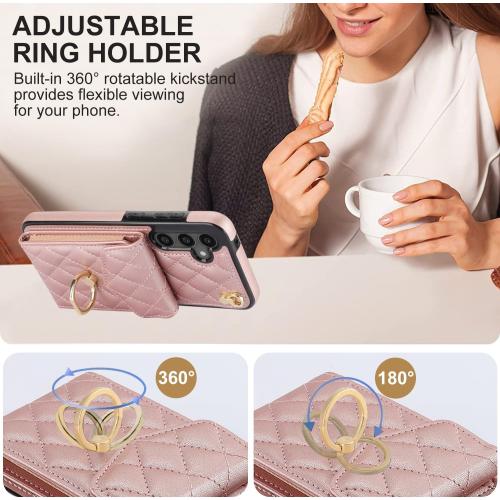 Color rose gold Asuwish Phone Case for Samsung Galaxy S23 FE 5G Wallet Cover with Tempered Glass Screen Protector and Crossbody Wrist Strap Ring RFID Blocking Credit Card Holder Cell S 23 EF S23FE 23S Women Rose Gold