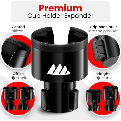Integral Ultimate Car Cup Holder Expander with Adjustable Base & Organizer | Fits Yeti 14/24/36/46oz, Hydro Flask 32/40oz, Ramblers, mugs & 3.4-4.0in bottles, rubber-tab adjustable base