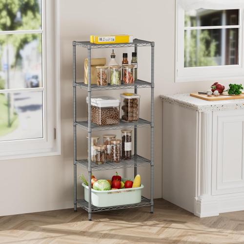 SINGAYE 5 Metal Shelves Wire Shelving Storage Shelf Adjustable Unit Pantry | 5 Tier Kitchen Laundry Room Organization Home Pantry Closet Bathroom Organizers Garage Rack 14 D x 24 W x 59.5 H Gray