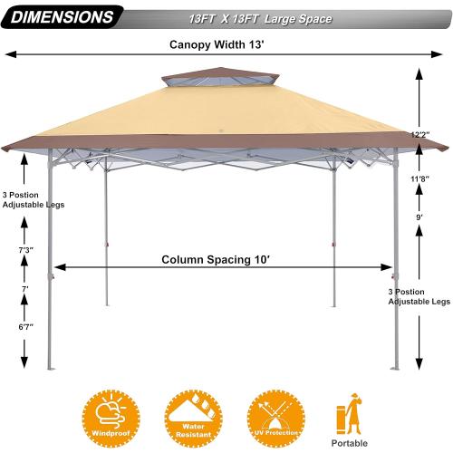 ABCCANOPY 13x13 Pop Up Canopy Base on 10x10 Canopy Frame with Double Ventilated Top, 4 Sandbags, 4 Ropes and 8 Stakes (Beige)