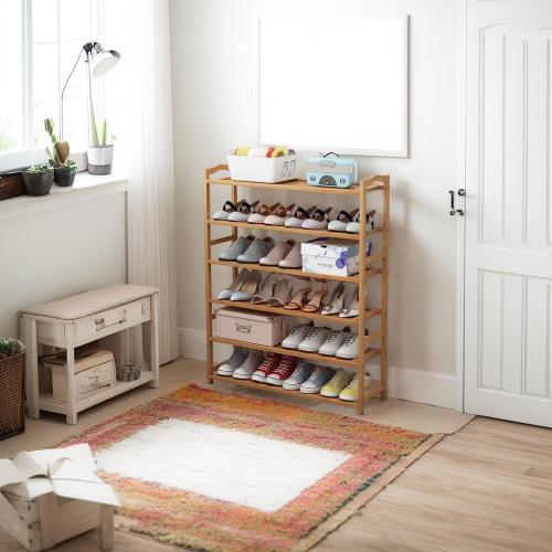 Size30.31 x 9.05 x 24.60  6-Tier Wooden Shoe Rack Organizer, Large Storage Shelf for 24-28 Pairs, Natural Bamboo Color ((30.31 x 9.05 x 24.60)) (6-Tier)