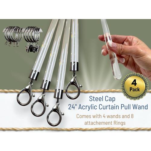 24 inch (4 Pack) Steel Cap Round Base Acrylic Curtain Pull Wand - Clear Curtain Wand - Invisible Drapery Wand - Drapery Pull Rod (24 Inch)