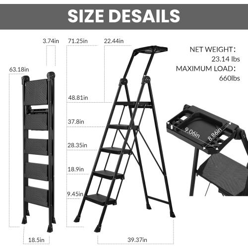 XinSunho 5 Step Ladder, Foldable Handrail & Tool Tray Stool Ladders with Anti-Slip Wide Pedal, 660 lbs Sturdy Steel Ladder for Home Kitchen and Outdoor