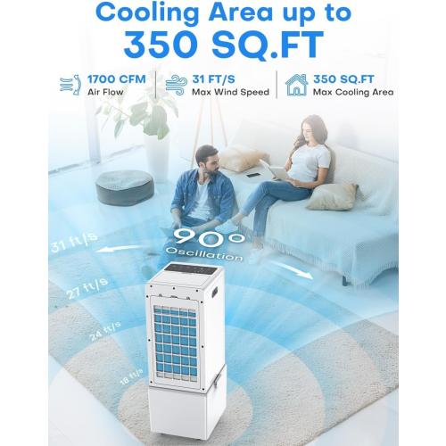Color White 4-IN-1 Windowless Air Conditioner Tank for 24H Cooling, 4 Wind Speeds & 4 Modes, LED Touch Screen, Waterless Alert System & 12H Timer, Remote, Portable Air Conditioners for Bedroom