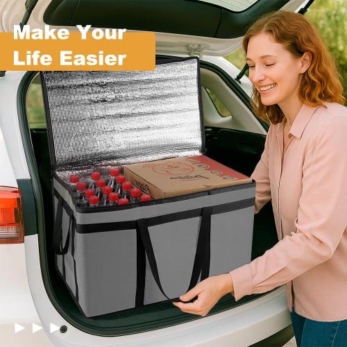 XXXL Insulated Food Delivery Bag - Reusable Thermal Cooler Grocery Bags for Catering & Delivery, Pizza Carrier for Events, Large Capacity Bag Keeps Food Hot/Cold for Shopping, Commercial (Gray, 1PK)