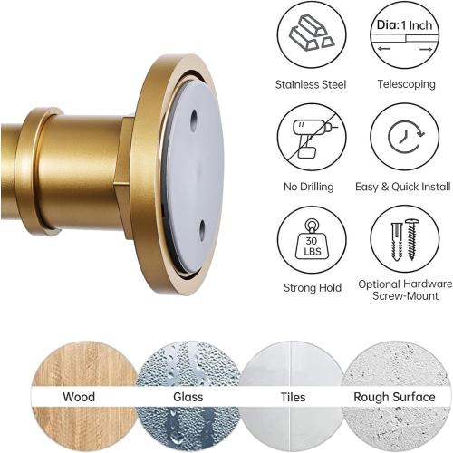 BRIOFOX Industrial Shower Curtain Rod - 2-in-1 Design Tension Curtain Rod - Rustproof Non-Slip 43 to 72 Inch Metal Steel, Frosted Gold Painted Window Curtain Rod