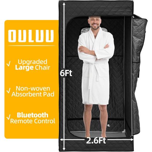 ouluu Portable Sauna with Red Light - Steam Sauna for Home, Folding Chair, Remote Control, 2.6’ x 2.6’ x 6.0’, Black