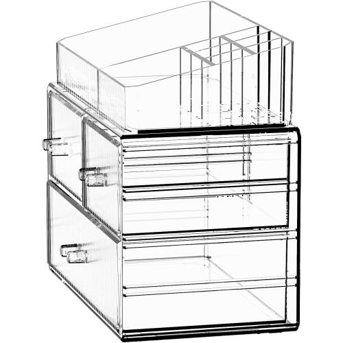 ZHIAI Stackable Cosmetic Organizer, Acrylic Cosmetic Organizer for Dresser, Vanity, Kitchen Cabinet, Bathroom, Under Sink, Home Organization and Storage (1 Top 3 Drawers)