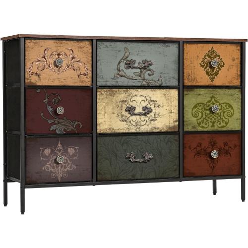 VASICAR Dresser for Bedroom with 9 Deep Fabric Drawers, Wide TV Stand Storage Cabinet, Colorful Chest of Drawers for Closet, Nursery, Entryway, Hallway