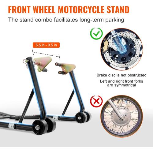 vevor Motorcycle Stand Lift 850lbs Front Rear Combo Stand Lift Stand Front Wheel Fork Stand Rear U L Fork Swingarm Spool Stand Compatible with Most Yamaha Honda Kawasaki Suzuki Motorcycles Black