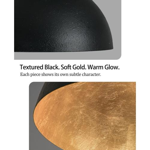 15 Inch Black and Gold Pendant Light, Bold Textured Matte Black Dome with Hand-Applied Gold Leaf Interior, Hanging Chandelier Fixture for Kitchen Island, Dining Room, or Bar