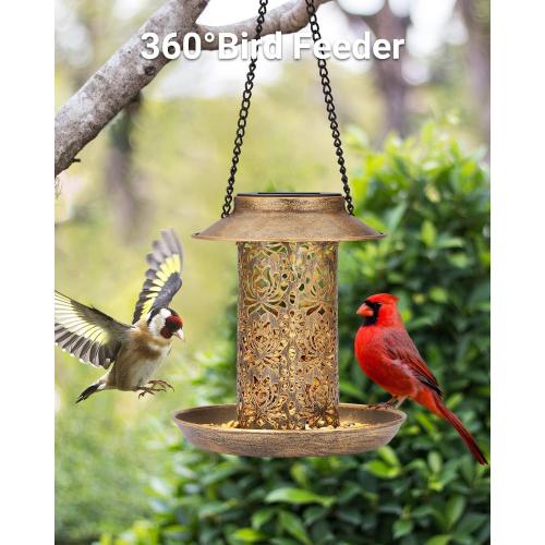Bronze SWEETFULL Solar Bird Feeder for Outdoors Hanging, Metal Wild Bird Feeder for Cardinals Solar Garden Lantern with S Hook as Gift for Bird Lovers
