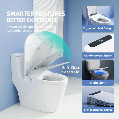 Electric Bidet Toilet Seat Round - Smart Heated Toilet Seat with Remote Control, Instant Warm Water, Self-Cleaning Nozzle, Warm Air Dryer, Feminine Wash, Soft Close, LED Display