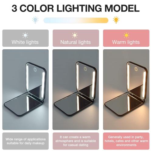 Kintion Rechargeable Pocket Mirror, Double Sided 1X/3X Magnification Compact Vanity Mirror, 3 Color Lights, Dimmable, Small Portable Wallet Mirror, Lighted Travel Mirror for Women Gifts, Black