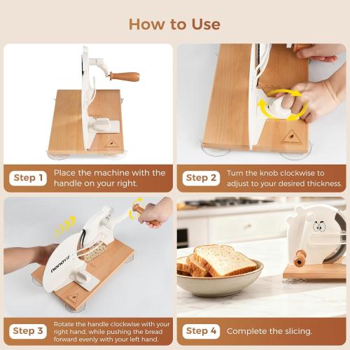 Manual Bread Slicer for Homemade Sourdough Bread, Adjustable Thickness, Hand-Crank Bread Cutter with Metal Guide, Suction Cup & Scale Line, Stainless Steel Blade, Beech Wood Base for Even Slices